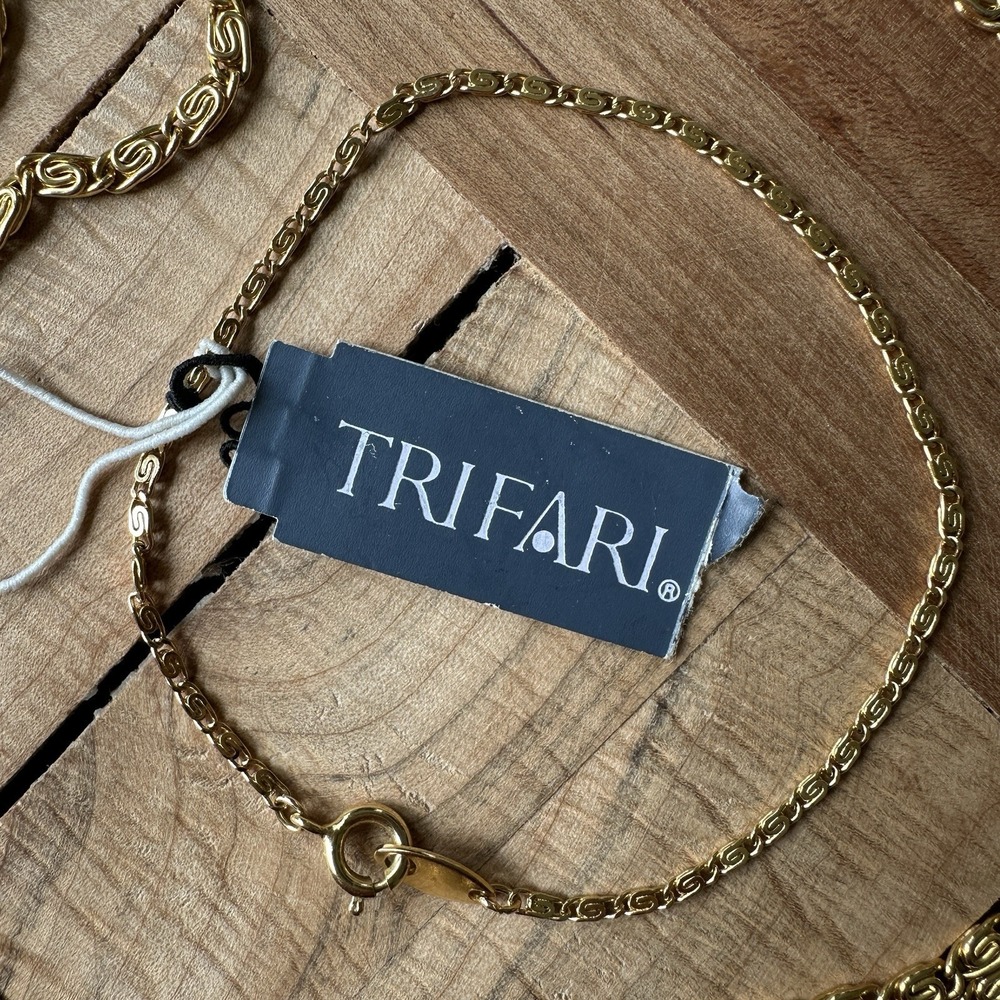 VTG Crown Trifari Paper Clip Chain Long Necklace 50 Inch Bracelet Set Gold Plate - Picture 6 of 10